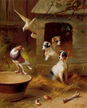 鳩と子犬の家禽家畜小屋 エドガー・ハント Oil Paintings